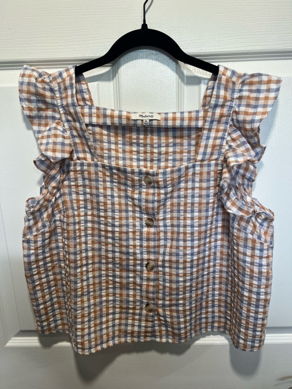 Madewell Blue, White & Tan Gingham Ruffle Sleeve Tank